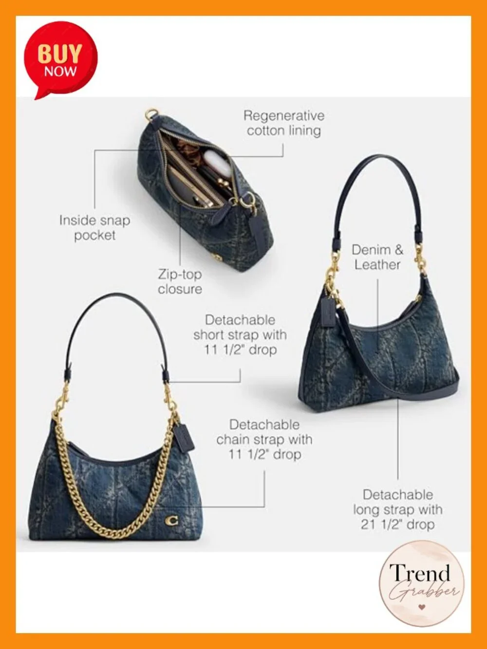 Denim and Leather Shoulder Bag with Detachable Straps